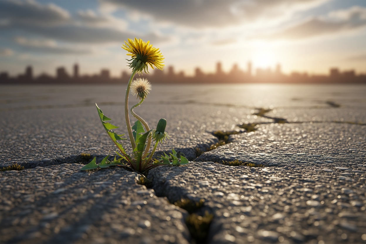 A yellow dandelion blooms from a crack in the pavement against a blurred city skyline at sunset.